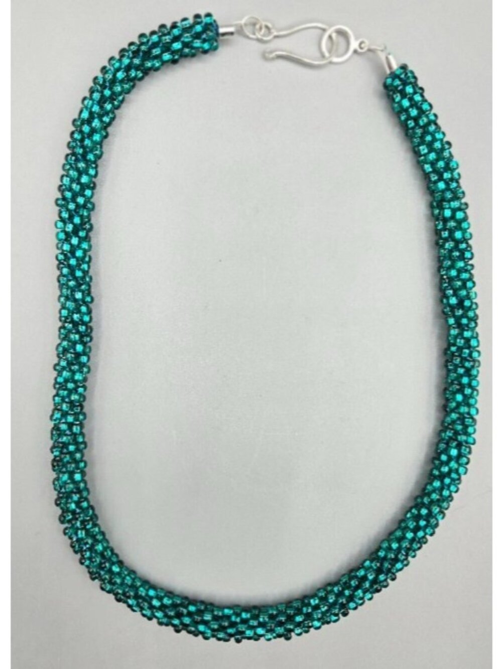 LG Seed Bead Teal Kumihimo (Japanese Braid) Necklace 21" Silvertone Hook Clasp